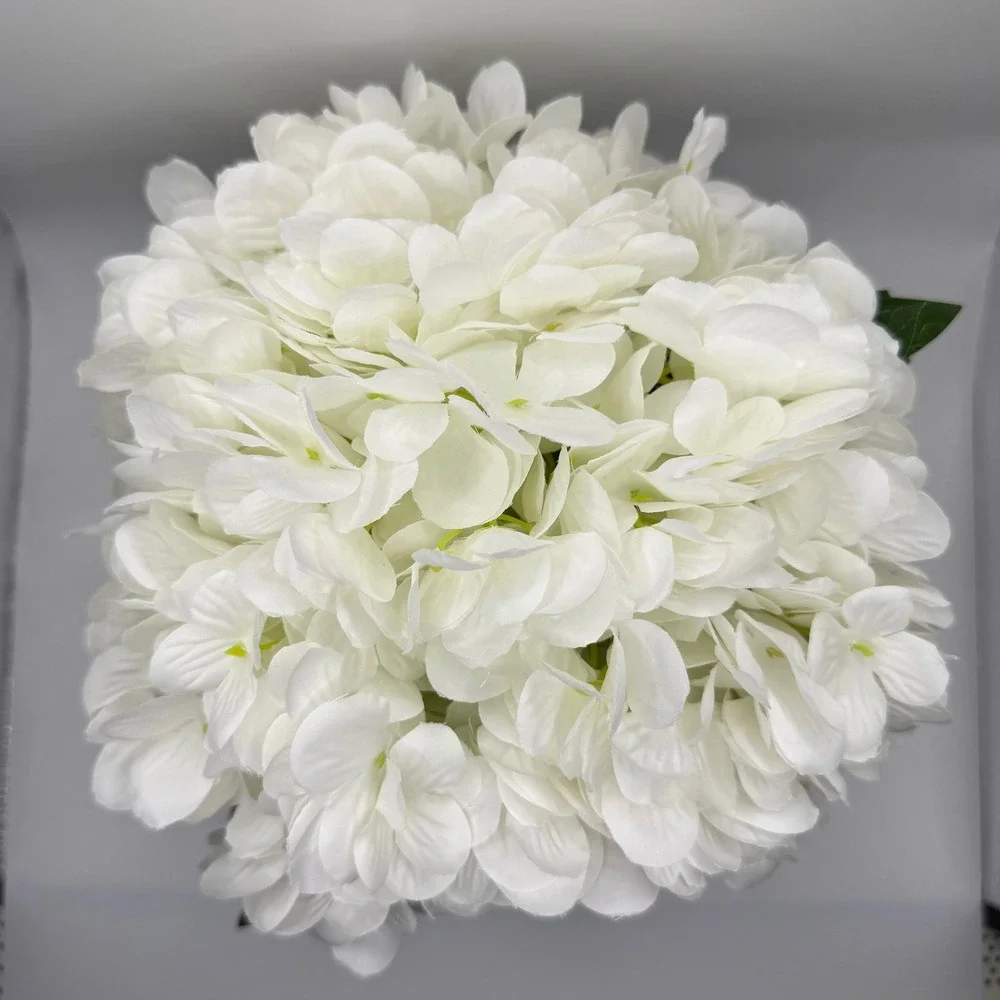 Faux Hydrangea Arrangement Home White Glass Vase Twine New